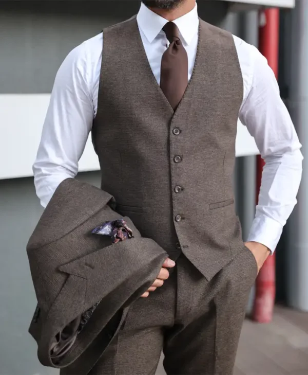 Mens Slim Fit Three Piece Brown Stylish Suit Vest
