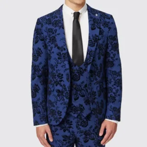 Mens Stylish Blue Suit With Floral Flocking