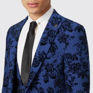 Mens Stylish Blue Suit With Floral Flocking Collar