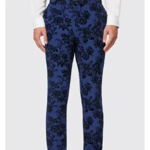 Mens Stylish Blue Suit With Floral Flocking Trouser