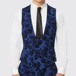 Mens Stylish Blue Suit With Floral Flocking Vest
