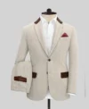 Mens Stylish Vintage Herringbone Light Beige Tweed Suit Blazer Pant