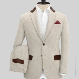 Mens Stylish Vintage Herringbone Light Beige Tweed Suit Blazer Pant