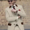 Mens Stylish Vintage Herringbone Light Beige Tweed Suit Close