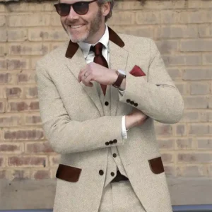 Mens Stylish Vintage Herringbone Light Beige Tweed Suit Close