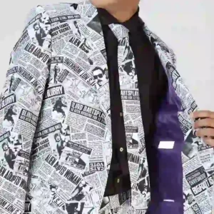 Mens Textile Telegraph Printed 2 Piece Suit Collar