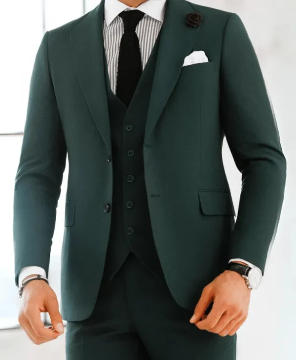 Mens Three Piece Forest Green Formal Suit Collar