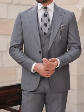 Mens Three Piece Tweed Grey Peak Lapel Suit