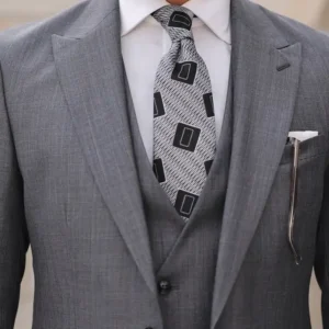 Mens Three Piece Tweed Grey Peak Lapel Suit Collar