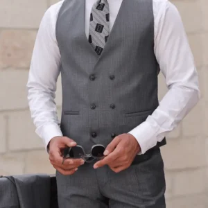 Mens Three Piece Tweed Grey Peak Lapel Suit Glasses