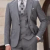 Mens Three Piece Tweed Grey Peak Lapel Suit Pockets