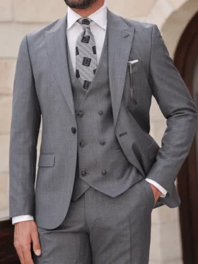 Mens Three Piece Tweed Grey Peak Lapel Suit Pockets