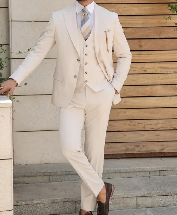 Mens Trendy Cream Color Slim Fit Suit Style