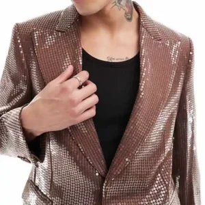 Mens Trendy Sequin Brown Stylish Suit Collar
