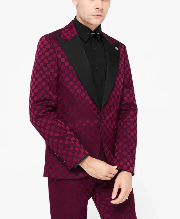 Mens Twisted Tailor Slim Fit Burgundy Jacquard Suit