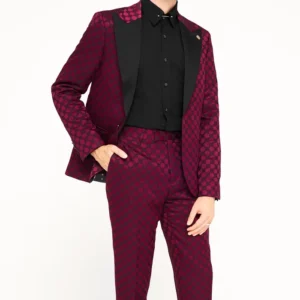Mens Twisted Tailor Slim Fit Burgundy Jacquard Suit Stand Up