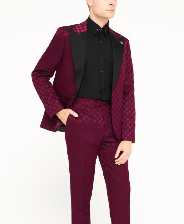 Mens Twisted Tailor Slim Fit Burgundy Jacquard Suit Stand Up