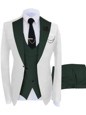 Mens White And Green Notch Lapel Tuxedo Suit