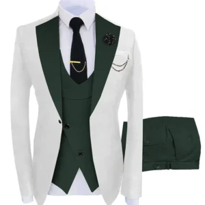 Mens White And Green Notch Lapel Tuxedo Suit