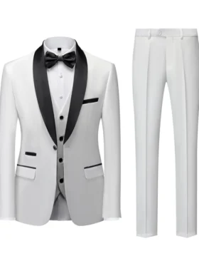 Mens White Shawl Lapel Three Pieces Tuxedo