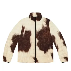 Puffer Style Cowhide Print Leather Jacket