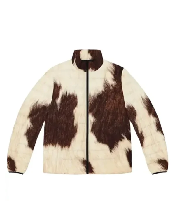 Puffer Style Cowhide Print Leather Jacket
