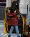 Shop Dakota Johnson Madame Web Maroon Leather Jacket