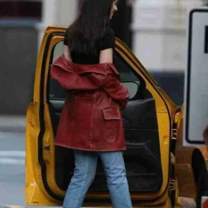 Shop Dakota Johnson Madame Web Maroon Leather Jacket