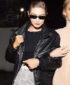 Shop Gigi Hadid Paris Fashion Week 2024 Black Leather Jacket