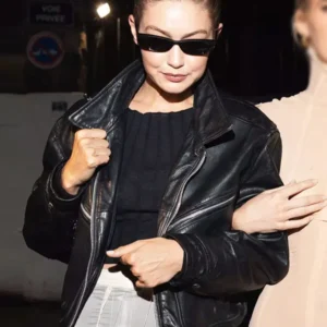 Shop Gigi Hadid Paris Fashion Week 2024 Black Leather Jacket