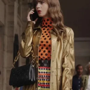 Shop Lily Collins Emily in Paris Golden Leather Trench Coat