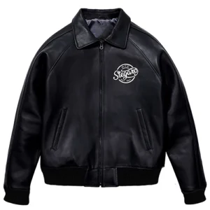 Shop Stegaro Black Leather Bomber Jacket