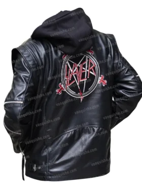 Slayer Black Leather Hooded Jacket Side Back