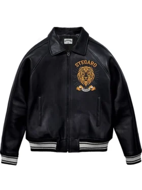 Stegaro Black Embroidered Leather Varsity Jacket