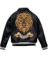 Stegaro Black Embroidered Leather Varsity Jacket For Sale