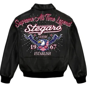 Stegaro Black Leather Bomber Jacket
