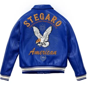 Stegaro Blue Studded Bomber Leather Jacket