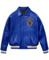 Stegaro Blue Studded Bomber Leather Jacket For Sale