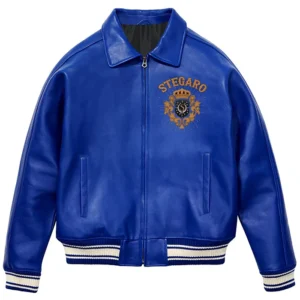 Stegaro Blue Studded Bomber Leather Jacket For Sale