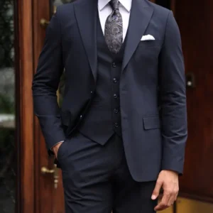 Tailored Slim Fit Dark Blue Mens Three Piece Suit Main