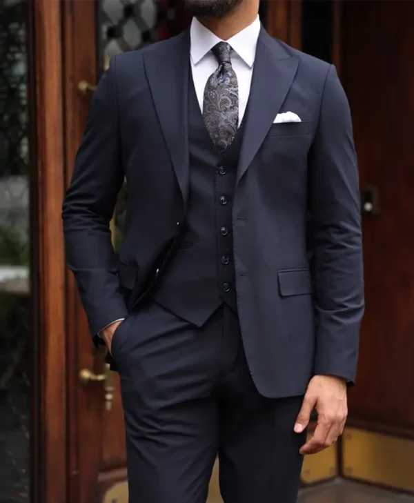 Tailored Slim Fit Dark Blue Mens Three Piece Suit Main