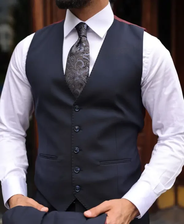 Tailored Slim Fit Dark Blue Mens Three Piece Suit Vest