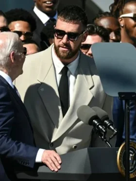 Travis Kelce Visit White House Tan Suit Front