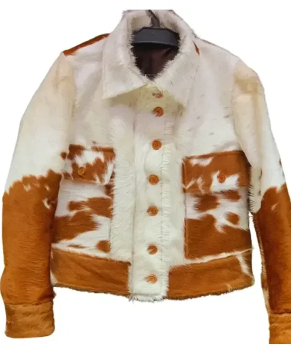 White And Camel Brown Fur Cowhide Leather Jacket