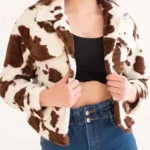 Womens Cropped Brown And White Cowhide Fur Jacket
