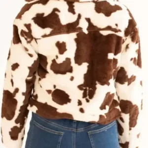 Womens Cropped Brown And White Cowhide Fur Jacket Back
