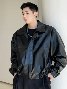 baggy cropped leather jacket Front