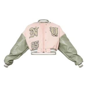 cream faux leather contrast sleeve graphic bomber jacket