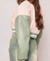 cream faux leather contrast sleeve graphic bomber jacket Back