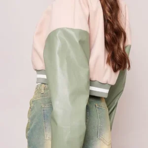 cream faux leather contrast sleeve graphic bomber jacket Back